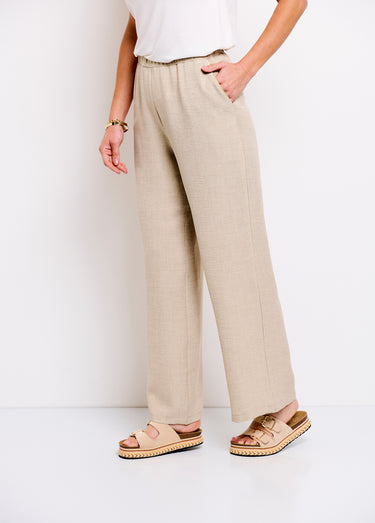 Pantalon large taille élastiquée aspect lin Beige
