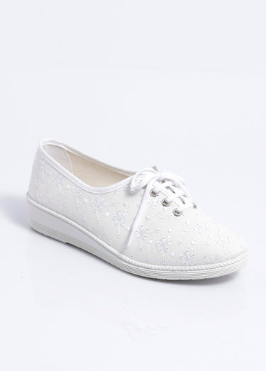 Derbies lacées compensées textile brodé Blanc
