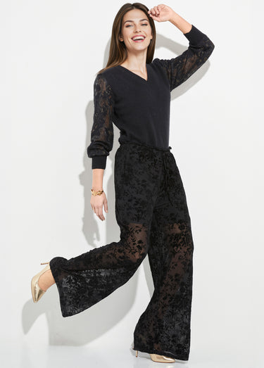Pantalon dentelle avec fleurs velours Noir