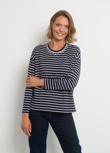 T-shirt rayures avec encolure strass Marine Raye