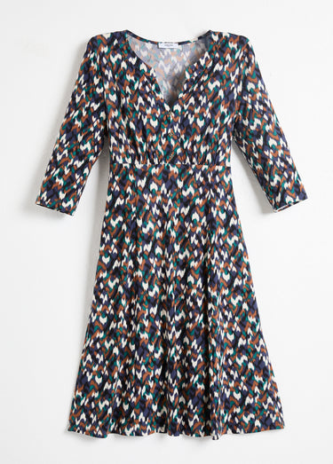 Robe courte évasée manches 3/4 imprimé graphique Marine/Vert