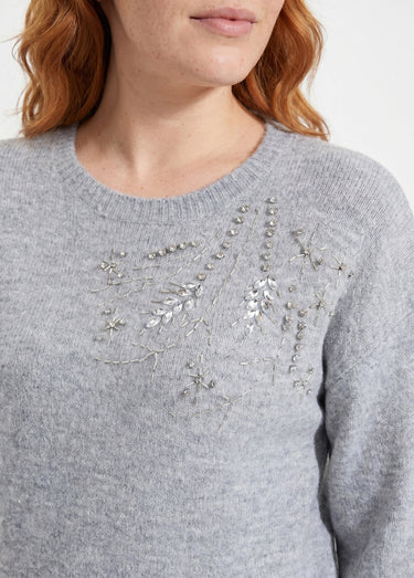 Pull doux col rond avec strass et sequins Gris