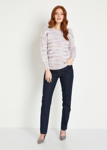 Pull chaud mouliné col rond avec laine Lilas/Ecru