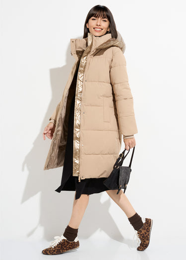 Doudoune longue capuche métallisée Beige