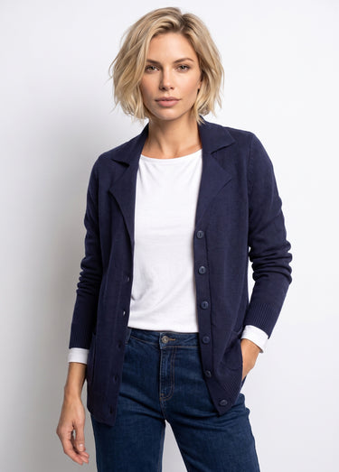 Gilet boutonné mi long col tailleur Marine