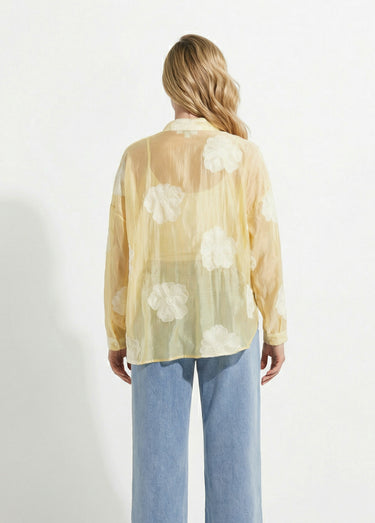Chemisier en voile, broderies camelias Jaune