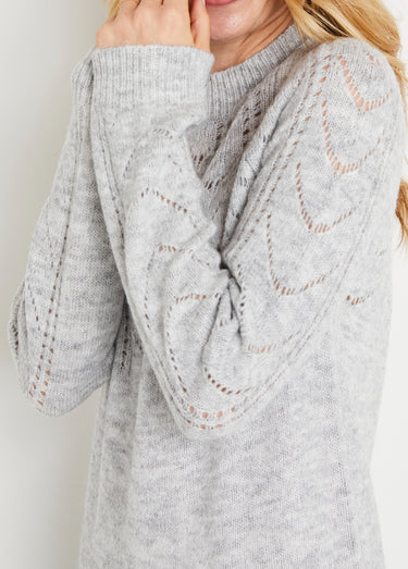 Robe-pull courte tricot ajouré col rond Gris Clair Chine