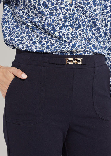 Pantalon droit taille élastiquée ceinture bijou Marine
