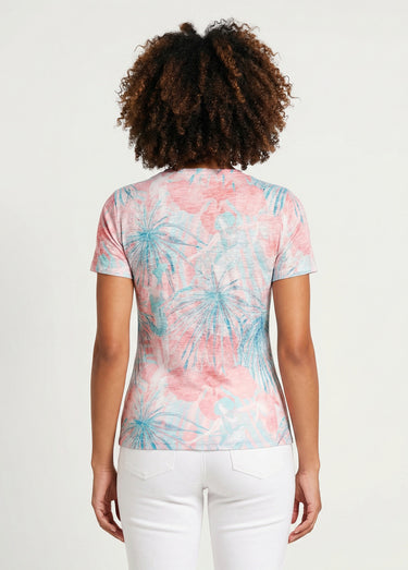 T-shirt court motif et strass col rond Aqua/Rose