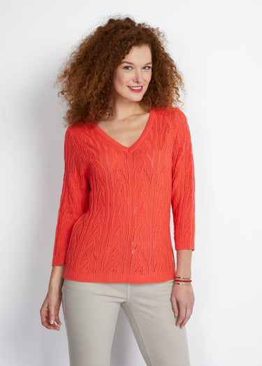 Pull col V manches 3/4 maille ajourée Orange