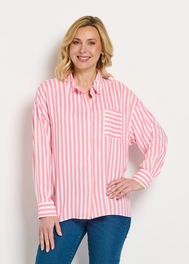 Chemisier fluide rayé long manches longues Rose / Blanc