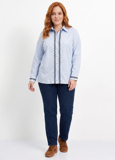 Chemisier popeline coton avec broderies Bleu ciel/marine