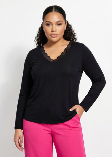 T-shirt court dentelle col V manches longues Noir