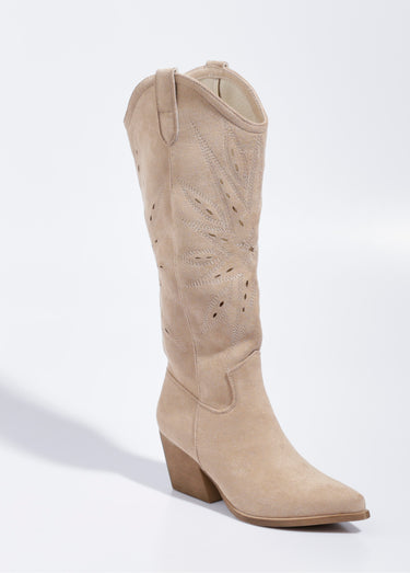 Bottes brodées western à talon biseauté Beige