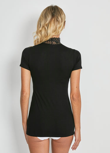Maillot de corps col montant dentelle manches courtes Noir