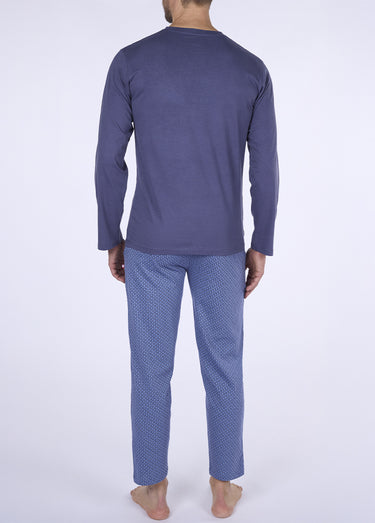 Pyjama long 2 pièces coton petits motifs Bleu