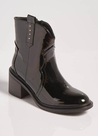 Boots vernies à talon, détails western Noir