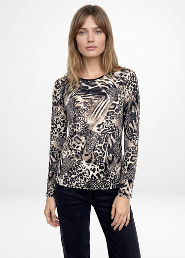 T-shirt col rond imprimé patchwork peau de bête Beige/Noir