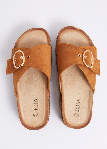 Mules suédine à boucle, semelle plateforme Camel