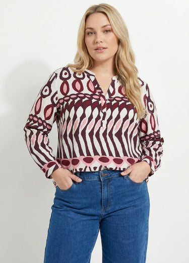 Blouse col V boutonné, imprimé ethnique Imprime Prune