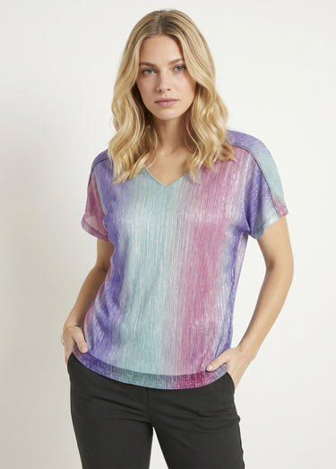 T-shirt court brillant col V effet plissé Rose/Aqua