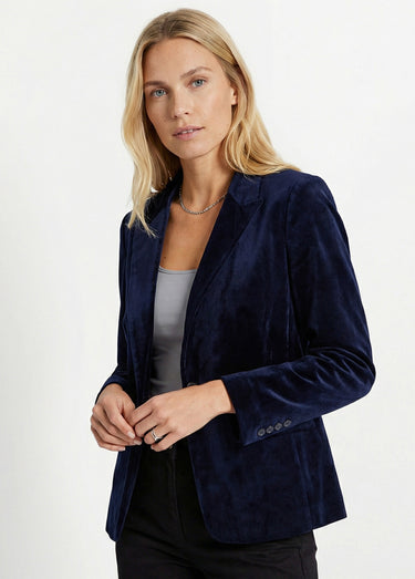 Veste blazer droite velours uni col tailleur Marine