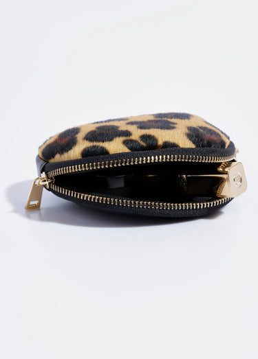 Porte-monnaie demi-lune en cuir, léopard Camel