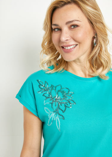 T-shirt coton uni sequins manches courtes Turquoise