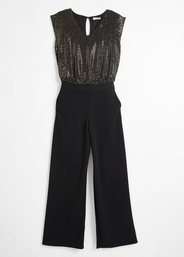 Combi-pantalon bi-matière sequins dorés Noir/Dore