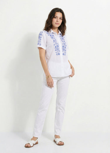 Chemisier long coton brodé manches courtes Blanc/bleu dur