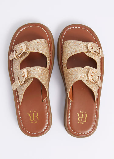 Mules brides cloutées, semelle crantée Dore