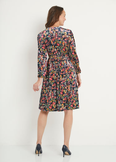 Robe courte velours ras fleuri col V évasée Marine/Rose