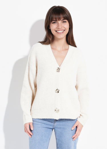 Gilet chaud avec boutons bijou en métal Ecru
