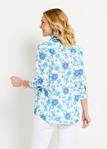 Chemisier boutonné long coton imprimé fleurs Imprime/Bleu