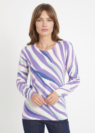Pull doux court col rond imprimé graphique Ecru/Violet