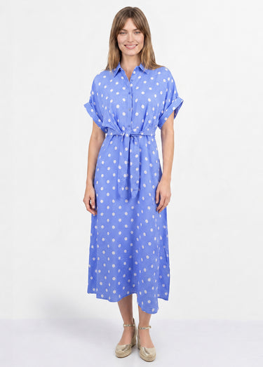 Robe longue à pois, manches courtes Bleu