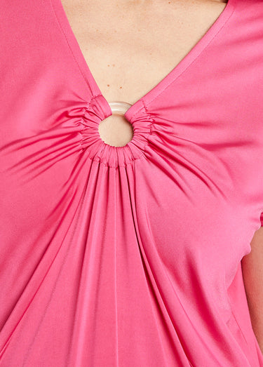 T-shirt long évasé col V drapé Uni Fuchsia