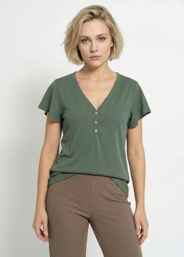 T-shirt col V jersey cotelé, Essentiel Kaki