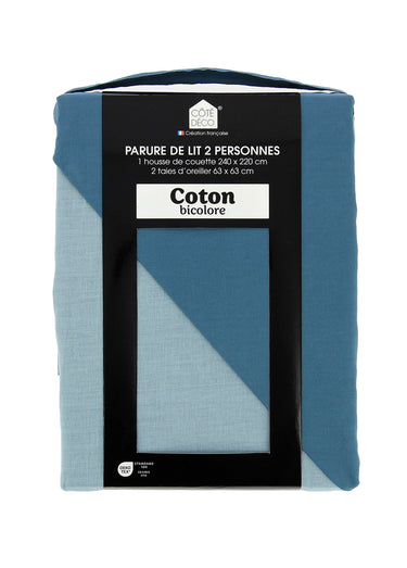 Parure housse de couette bicolore, coton Calanque