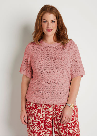 Pull fin ajouré coton manches courtes Rose Poudre