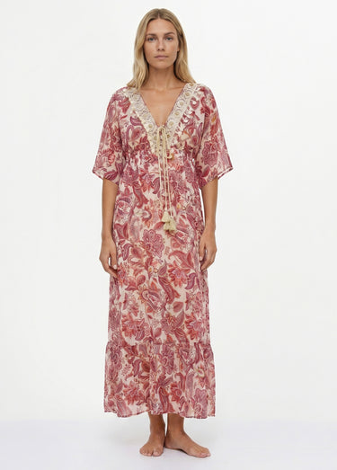 Robe de plage imprimée, encolure brodée Rose