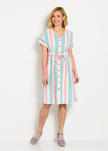 Robe courte boutonnée col V coton rayé Rose / Blanc