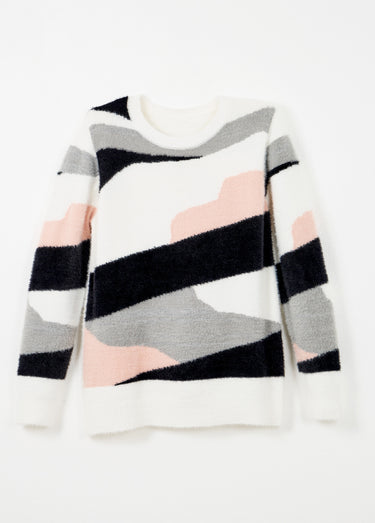 Pull jacquard graphique maille poilue col rond Ecru/Rose
