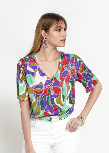 Tunique stretch col V, fleuri graphique Imprimé violet/vert