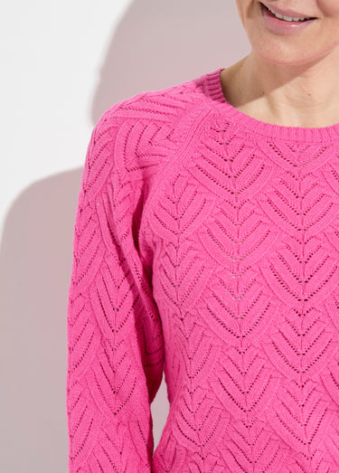Pull doux court col rond uni ajouré Rose