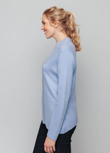 Pull doux torsades côtes strass col montant Bleu