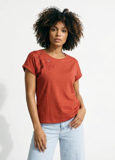 T-shirt brodé ajouré manches courtes Tomette
