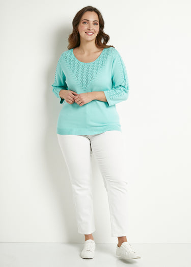 Pull doux uni col rond maille fantaisie Aqua