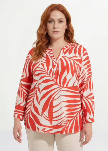 Tunique motif feuillage manches longues Rouge/Ecru