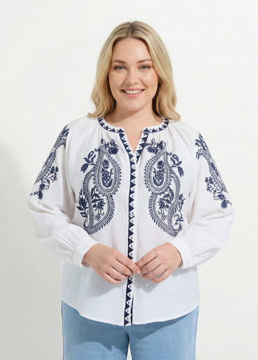 Blouse avec broderies et petit col V Blanc/Marine
